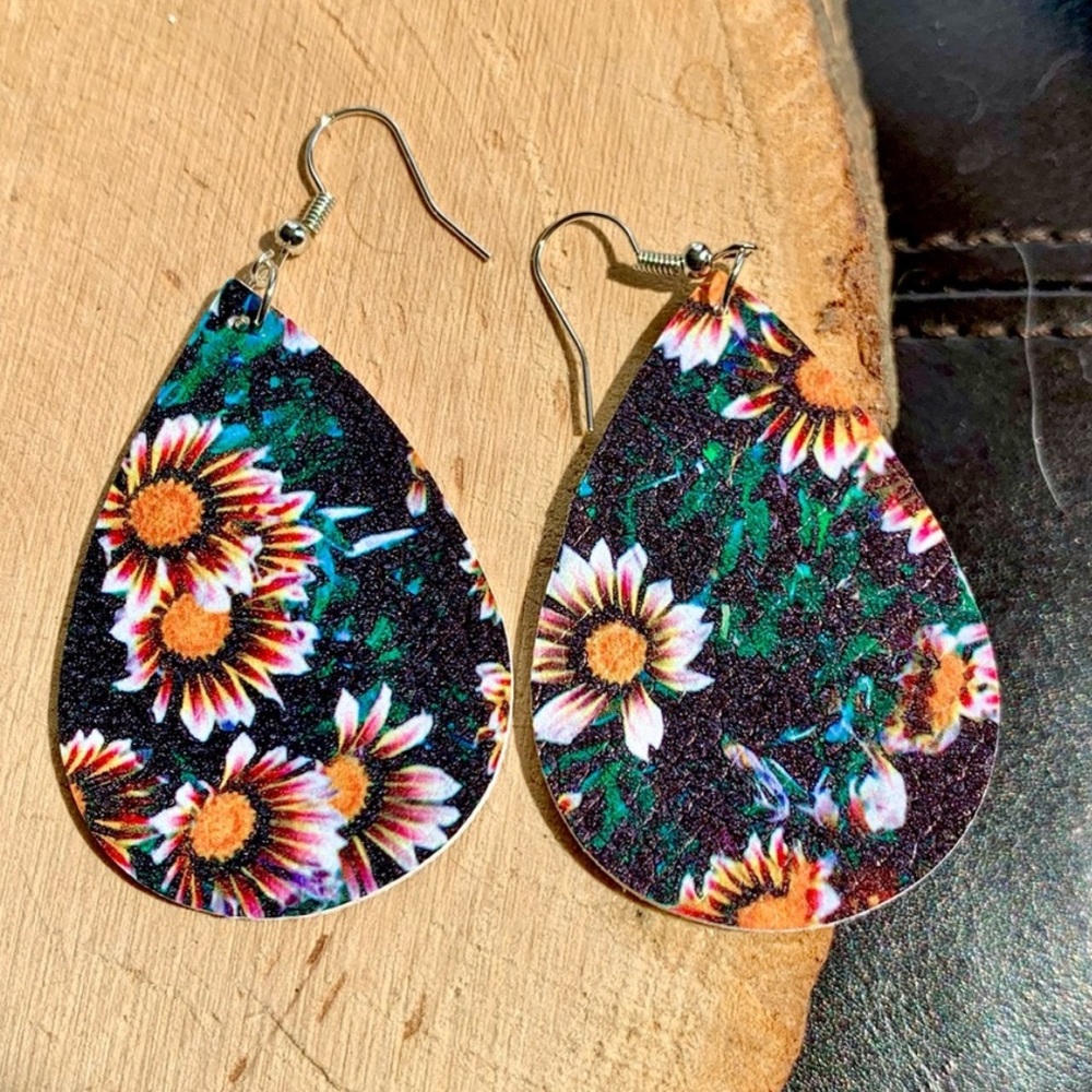 Forest Dark Green Floral Bohemian Faux Leather Tear Drop Shape Earrings